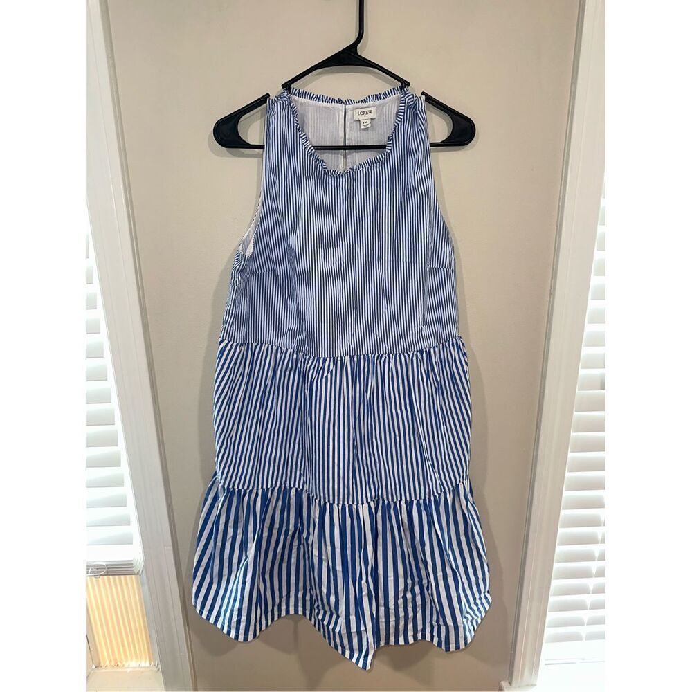 J Crew Blue White Striped Sleeveless Tiered Mini Dress 14 Cotton Poplin